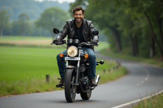 Homme souriant en moto sur route rurale verte