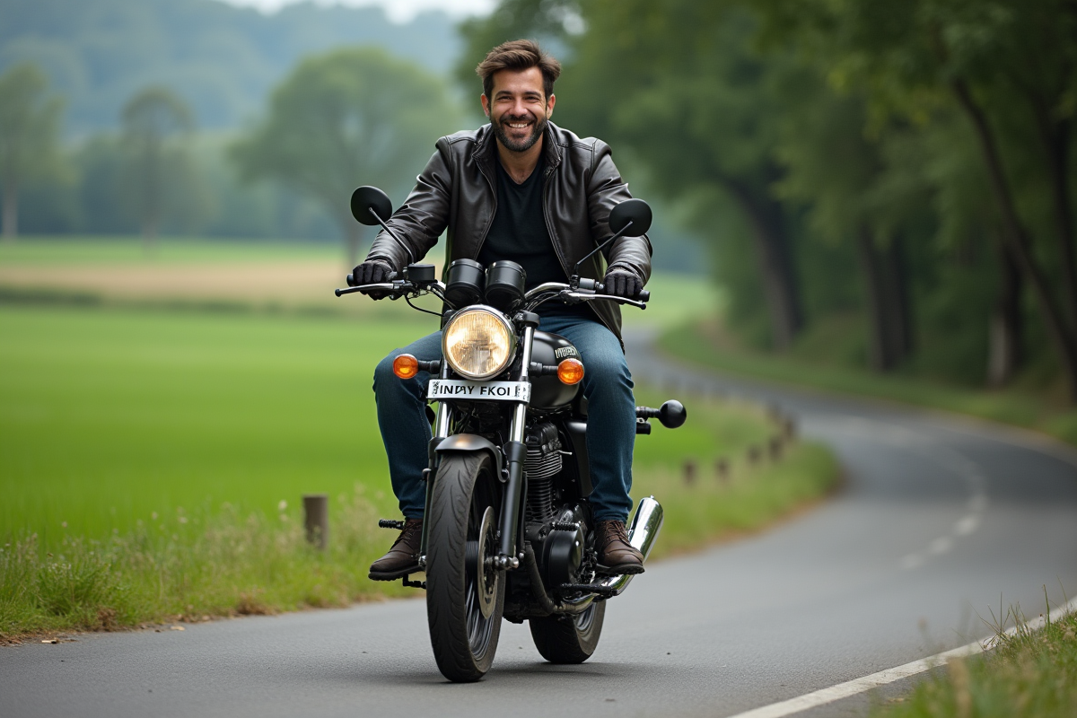 Homme souriant en moto sur route rurale verte