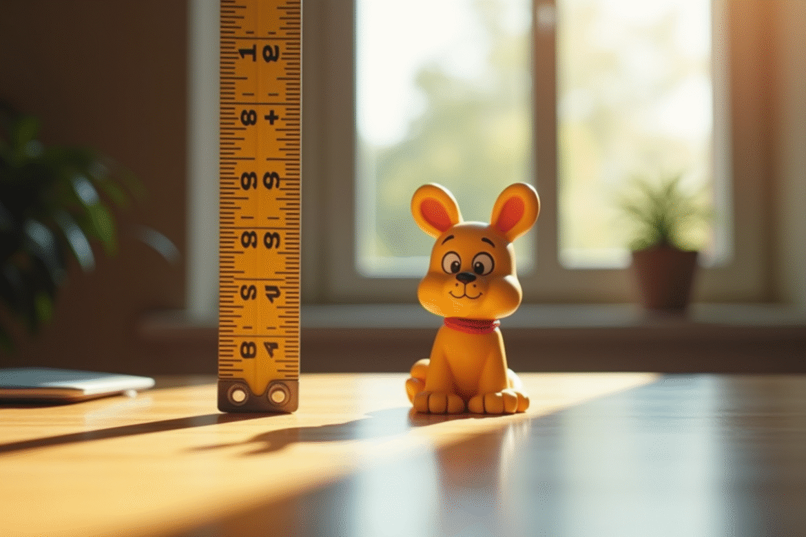 Mètre de mesure contre une figurine enfant sur un bureau en bois
