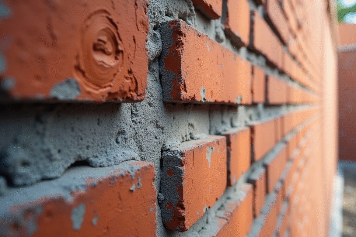 Gros plan d'un mur en brique en construction avec erreur d'application de bande d'arase
