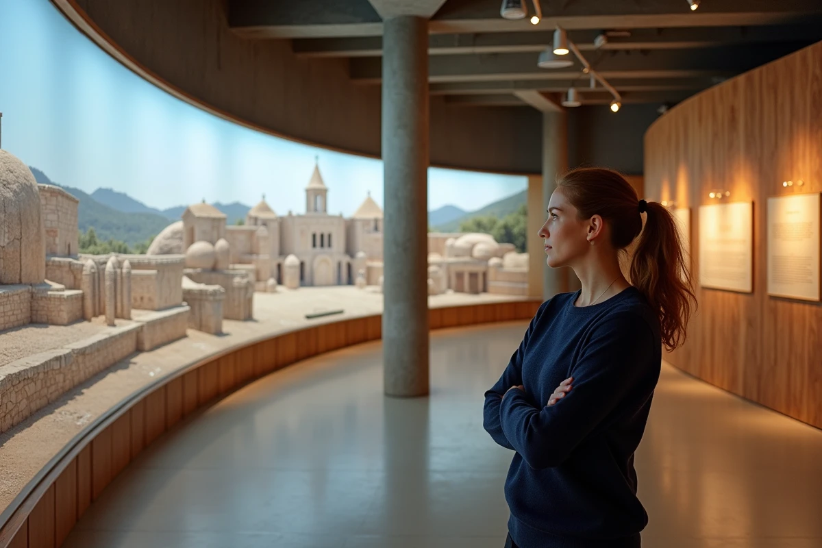 Visiteuse devant la maquette immersive du siège d'Alésia au MuséoParc Alésia en Bourgogne