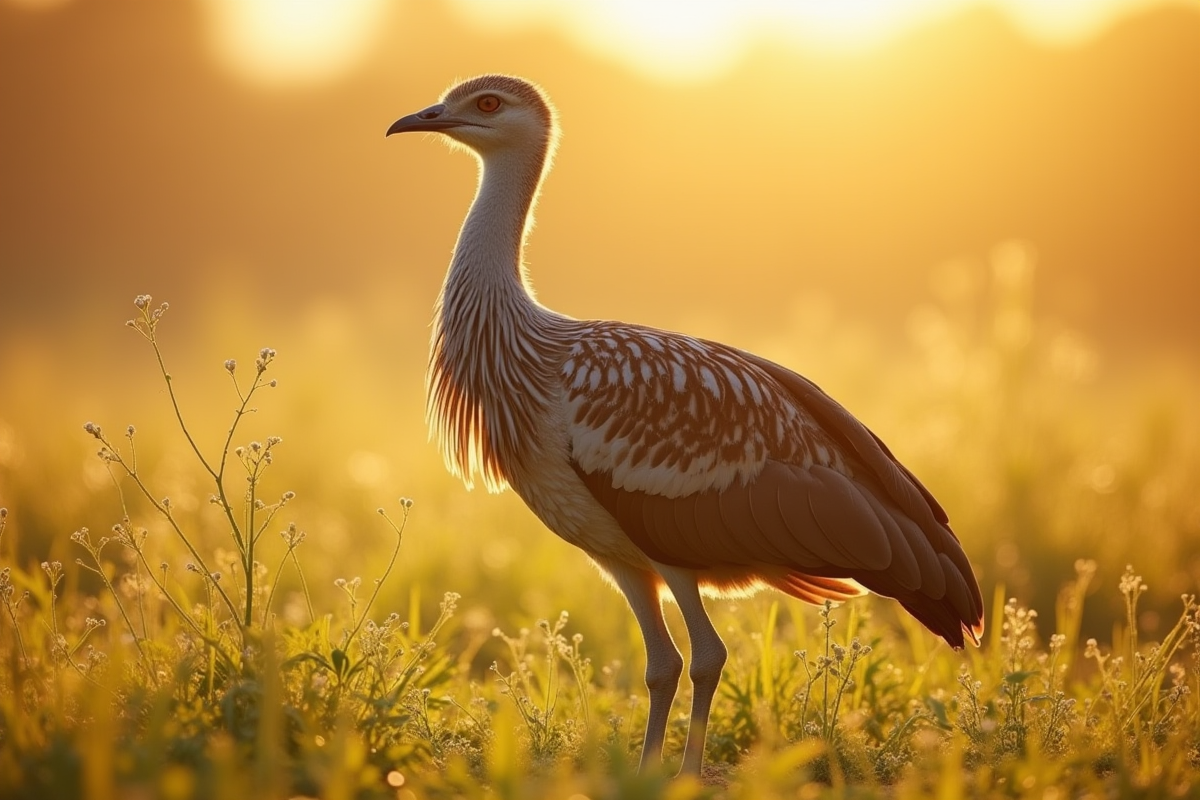 Nandu dans la savane avec lumière du matin et herbe humide