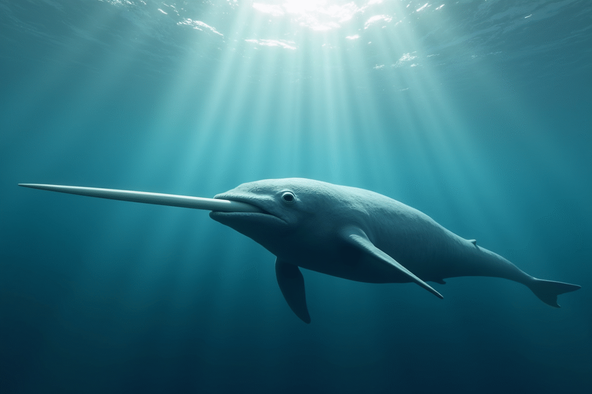 Narval nageant sous l'eau arctique avec son long tusk