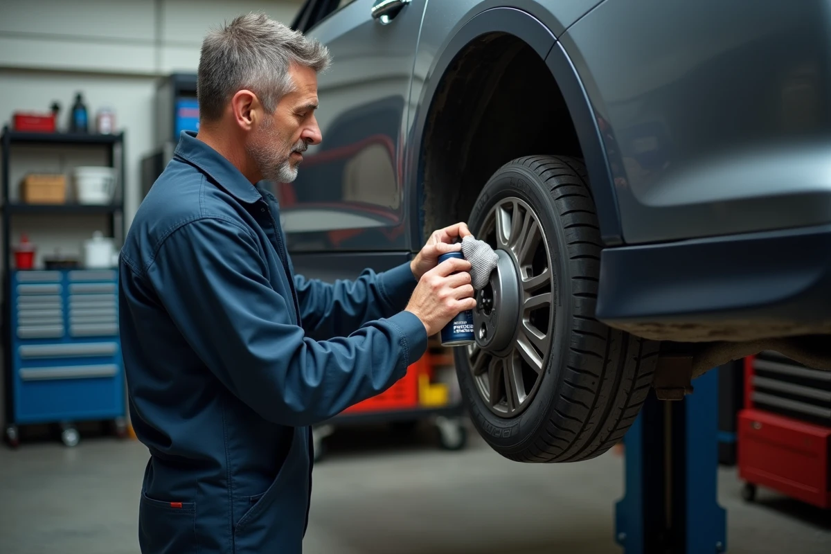 Homme en bleu nettoyant un disque de frein dans un garage
