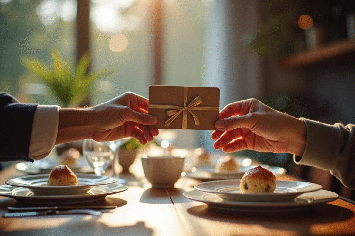 Mains offrant une carte cadeau restaurant sur une table élégante