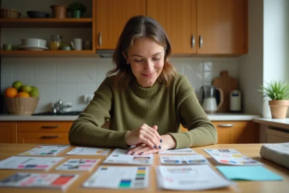 Femme organisant sa collection de vignettes Intermarché 2026 sur une table de cuisine avec des pochettes transparentes et un catalogue