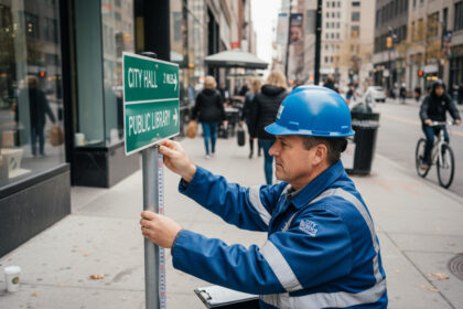 Ouvrier urbain en uniforme mesure un panneau directionnel