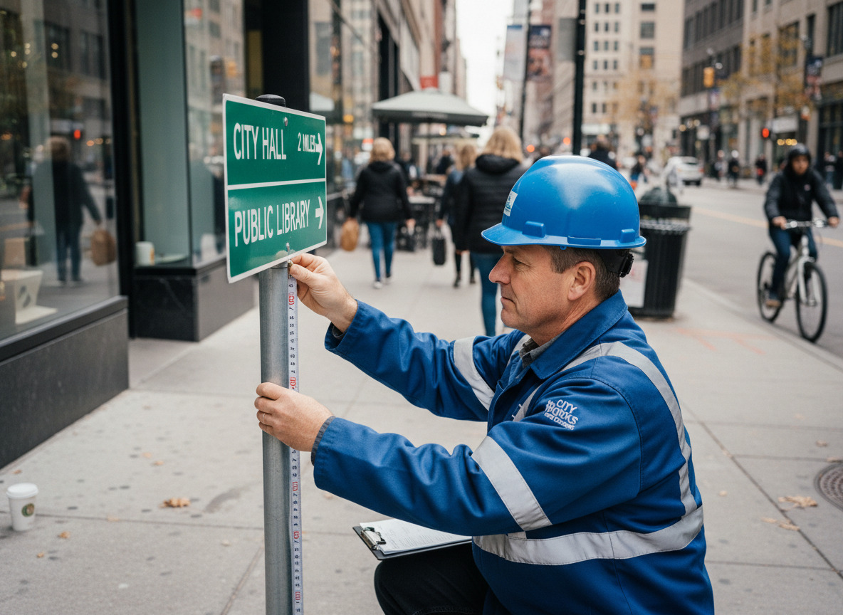 Ouvrier urbain en uniforme mesure un panneau directionnel