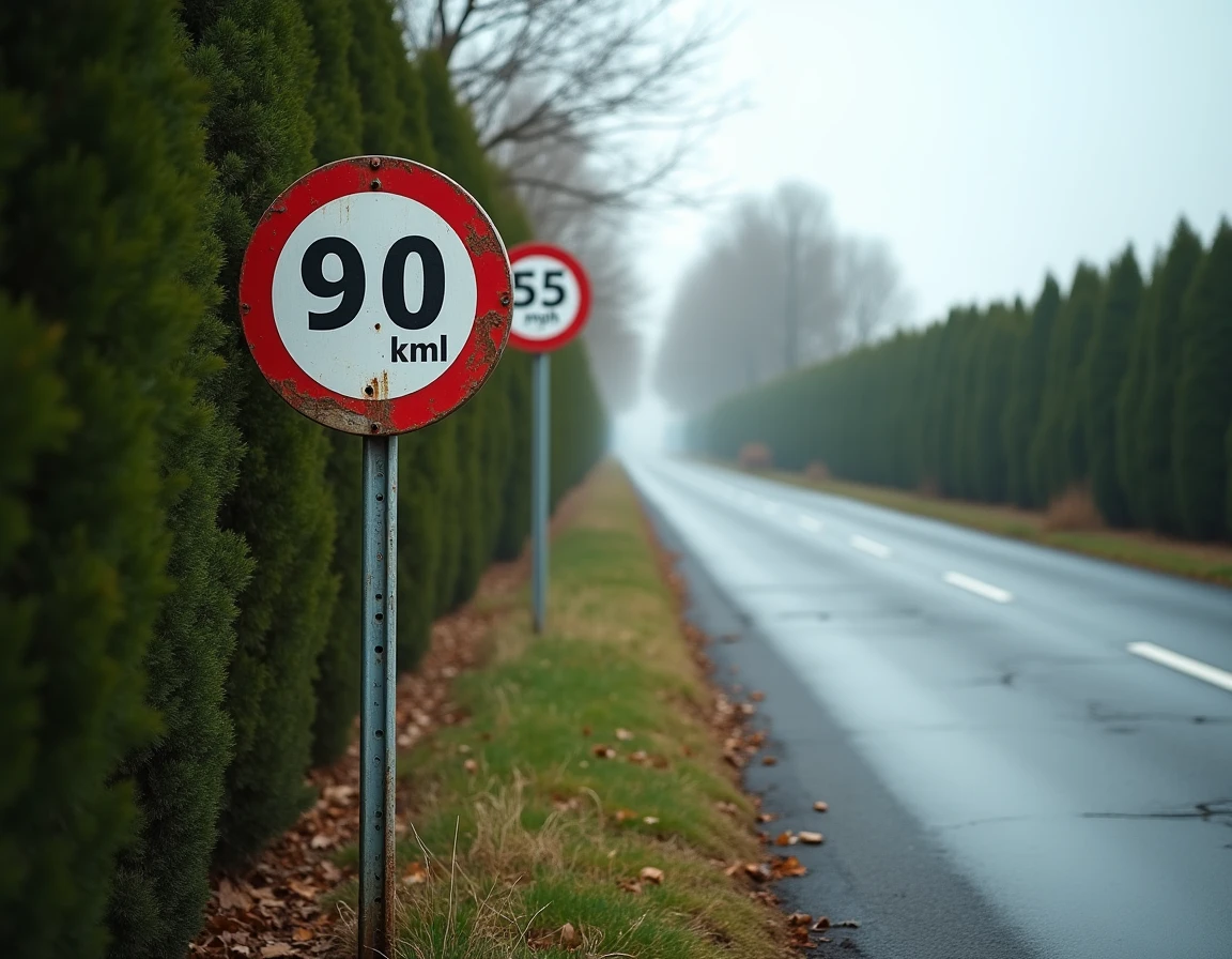 Panneaux de limitation de vitesse côte à côte en km/h et en mph sur une route rurale