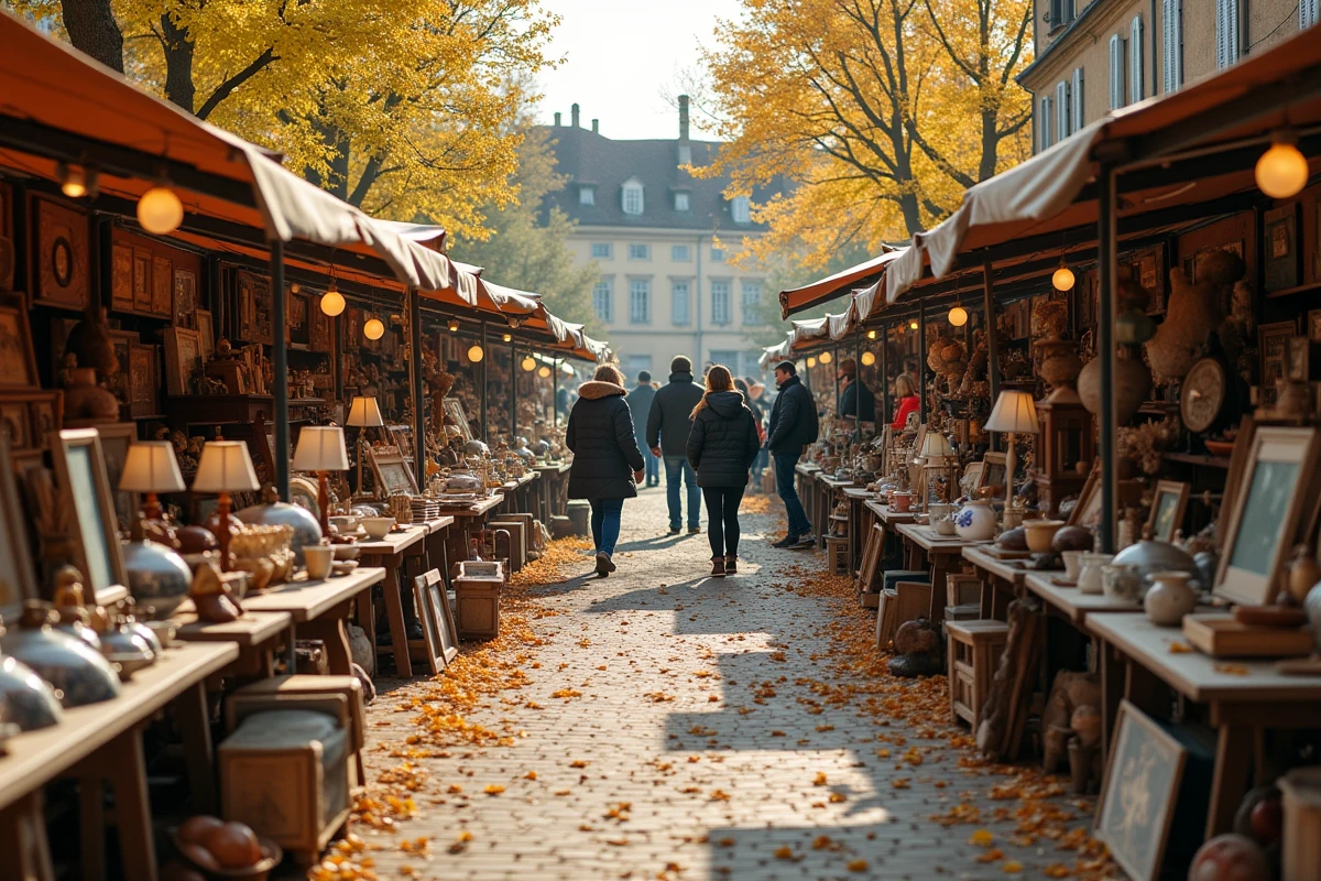 Vue panoramique d'un grand vide-grenier en plein air dans l'Yonne avec des tables remplies d'objets vintage et des visiteurs qui flânent entre les allées