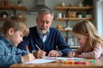 Père aidant ses enfants à faire leurs devoirs en famille