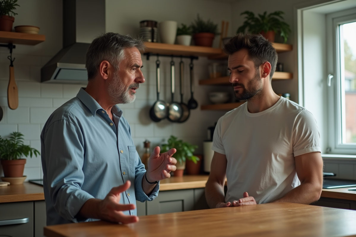Père et fils dans une cuisine en discussion