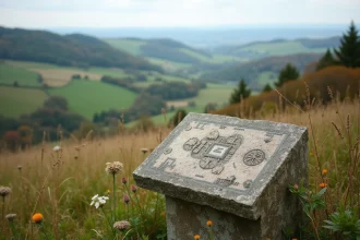 Vue panoramique des collines de Bourgogne autour du site archéologique d'Alésia avec un panneau interprétatif en pierre au premier plan