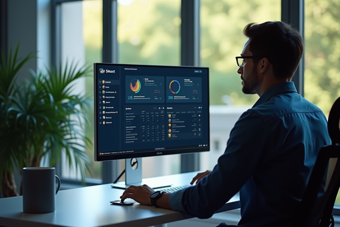 Personne au bureau utilisant un ordinateur avec écran de streaming
