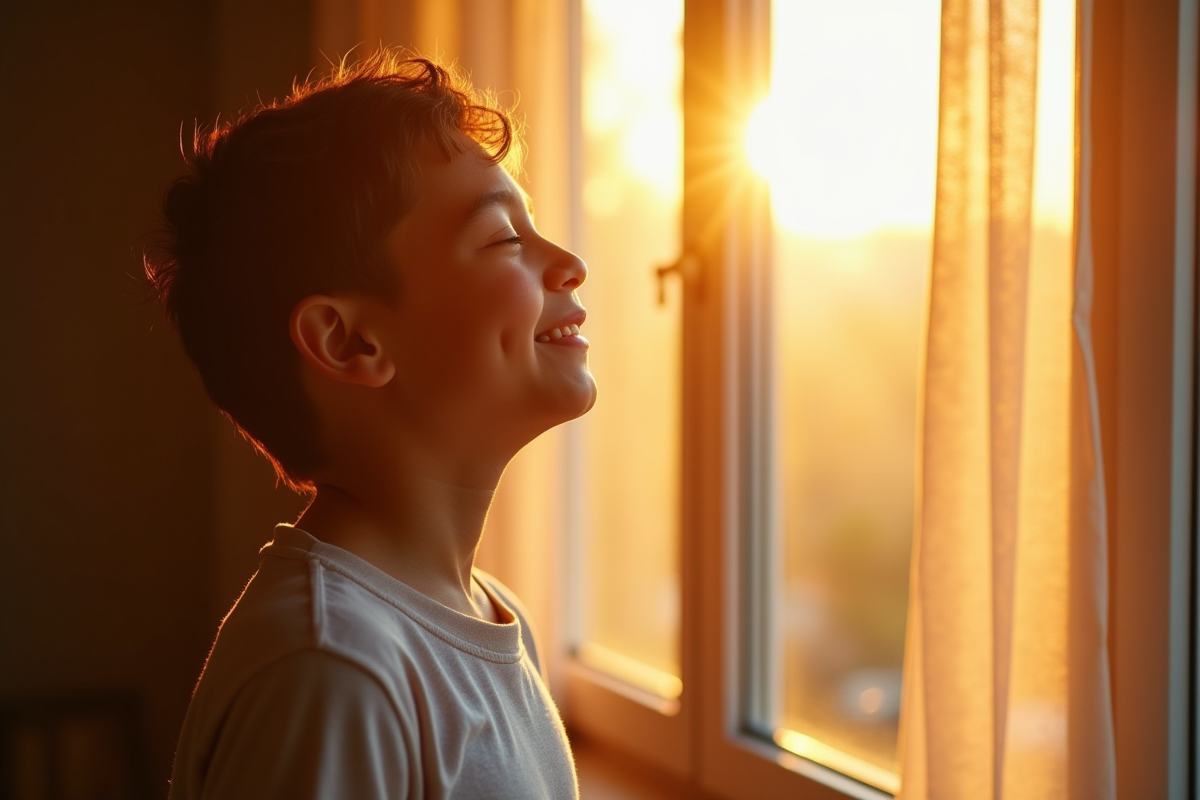 Jeune personne respire calmement près d'une fenêtre ensoleillée