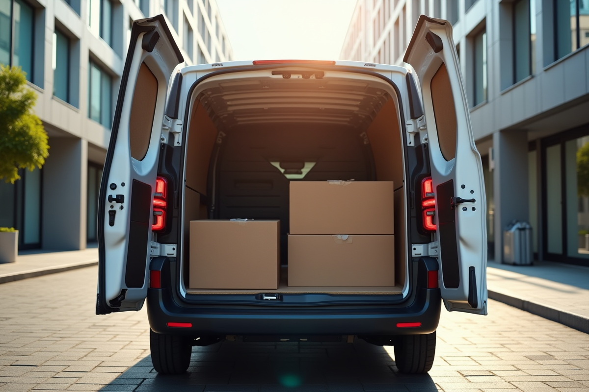 Véhicule Peugeot Expert en livraison urbaine avec chargement