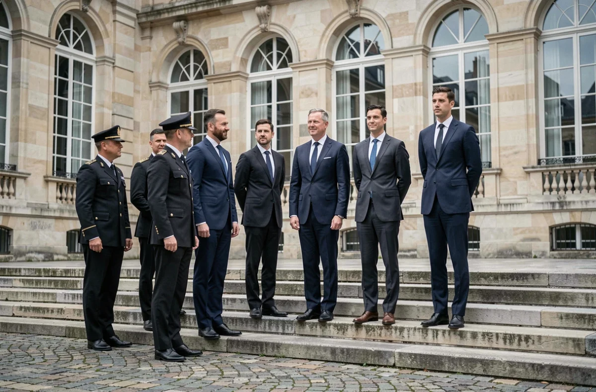 Photo de groupe protocolaire d'officiels en costume alignés par taille dans une cour néoclassique parisienne, représentant les usages du protocole présidentiel français