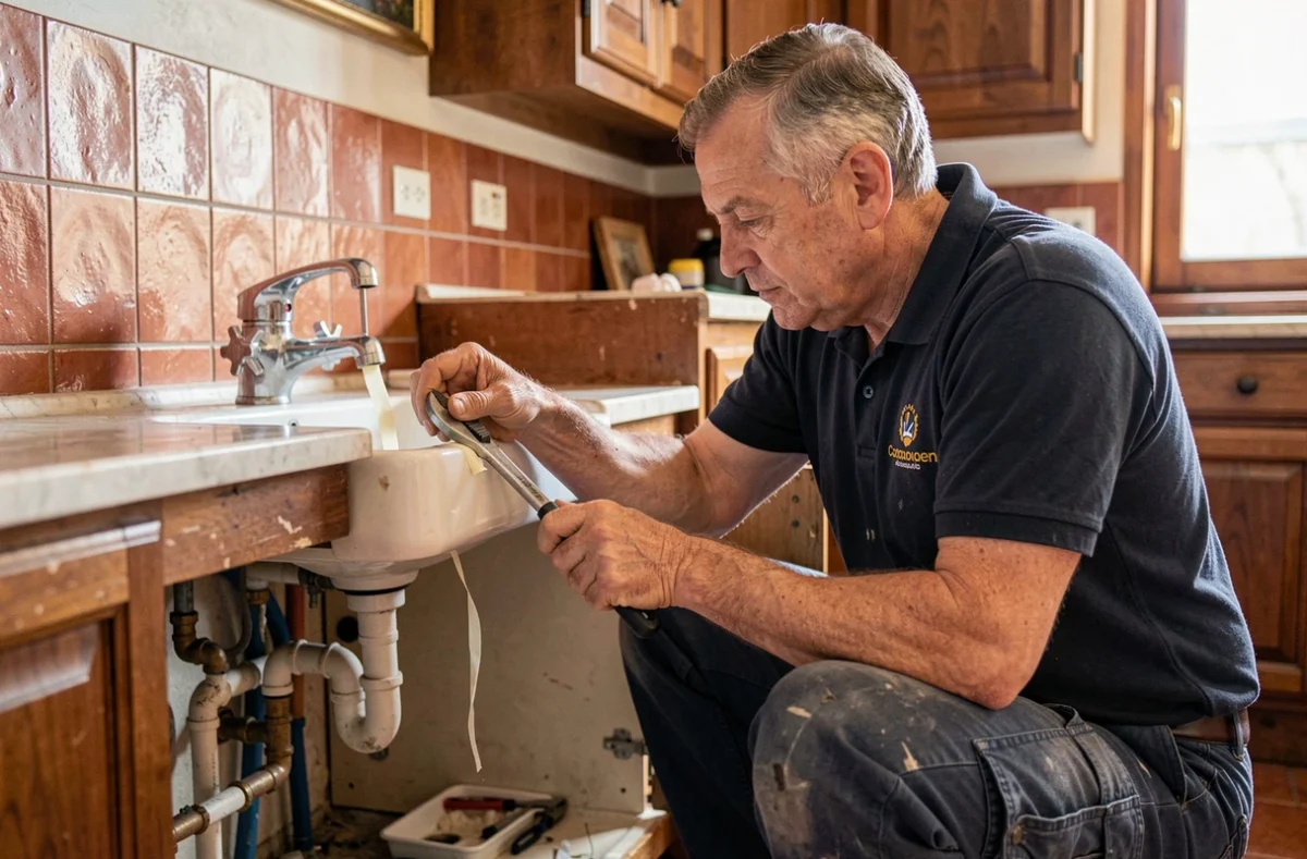 Artisan Pierdeau remplaçant un robinet de cuisine dans un appartement français classique avec carrelage en terre cuite
