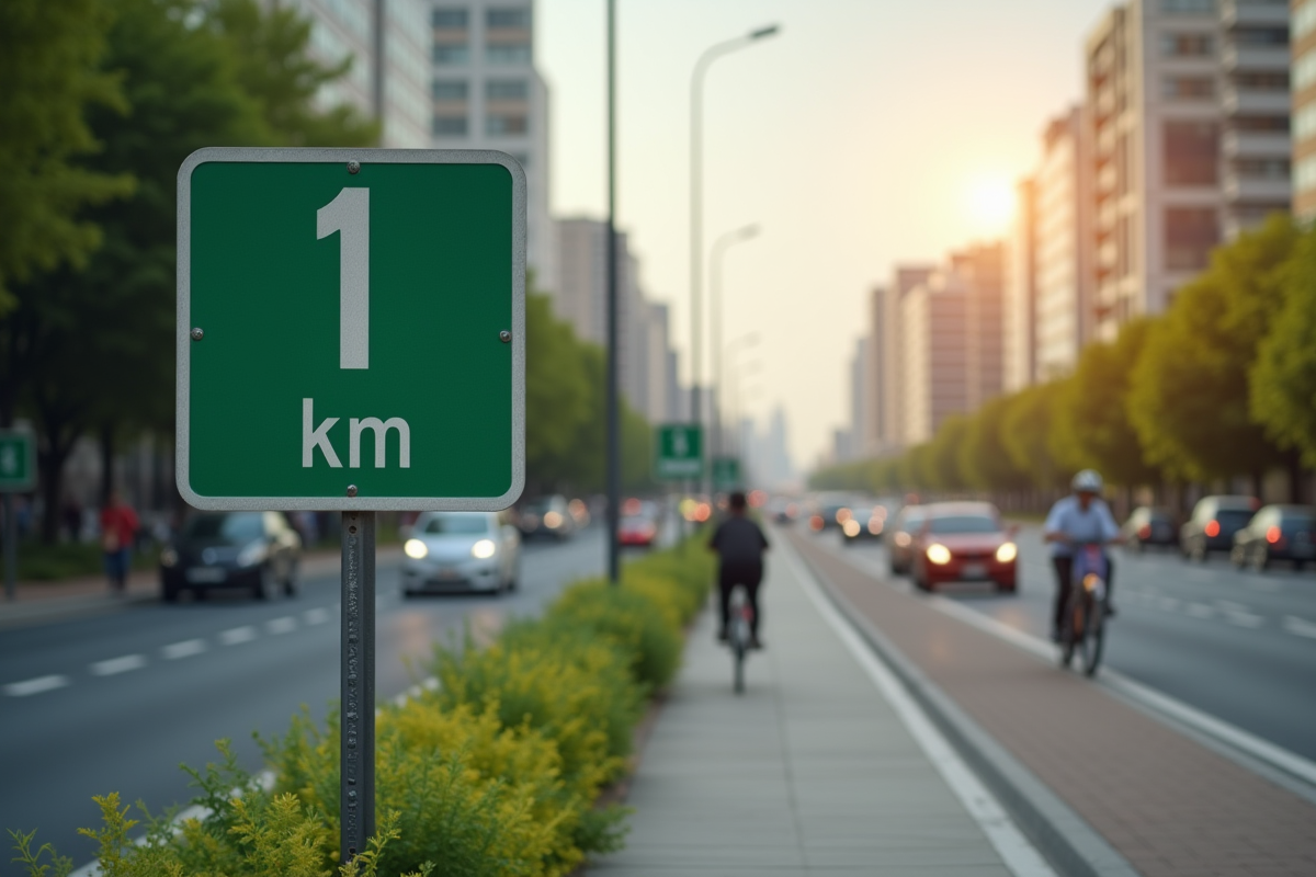 Piste cyclable urbaine avec panneau vert en focus