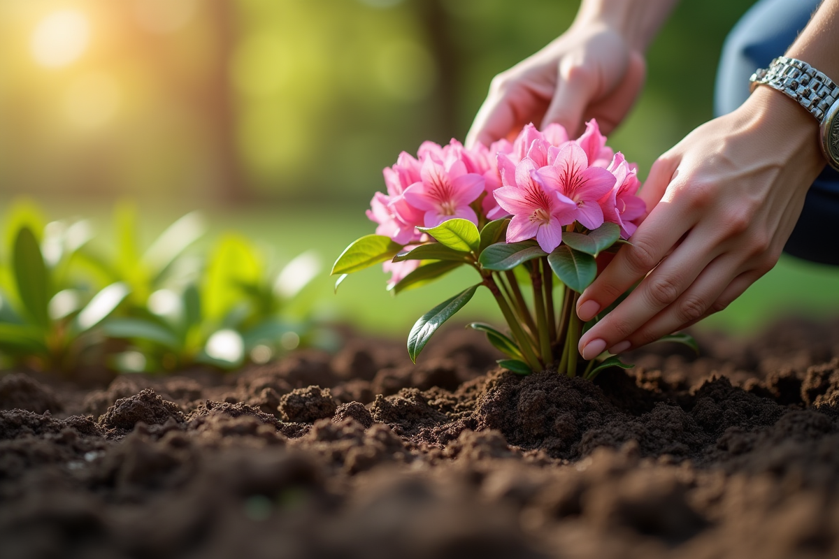 Mains plantant un rhododendron dans un jardin lumineux