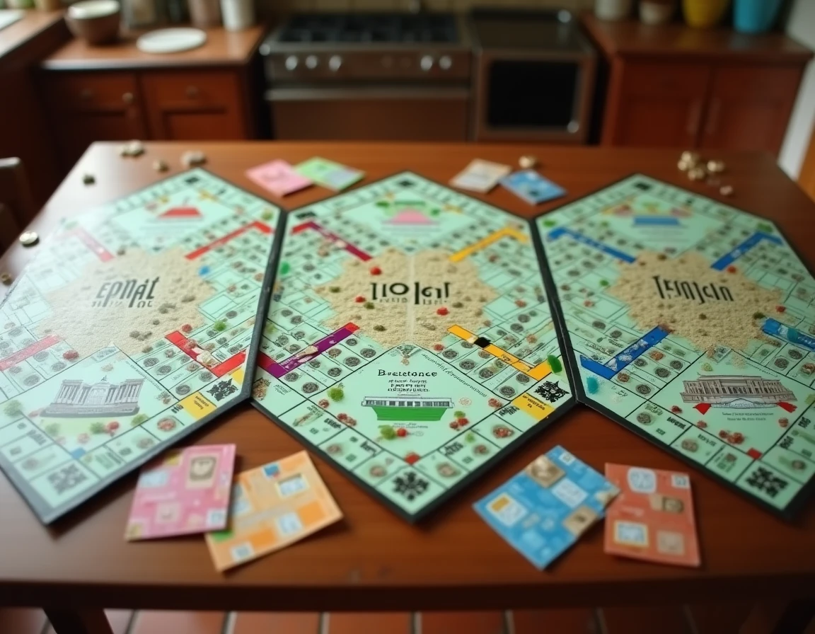 Vue aérienne de trois plateaux de Monopoly éditions régionales françaises ouverts côte à côte sur une table