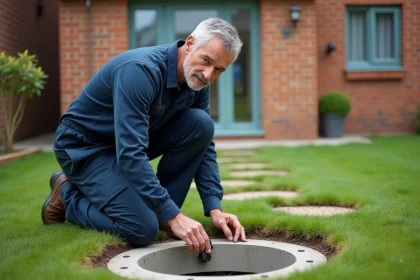 Plombier inspectant un regard de visite dans un jardin lors d'un diagnostic assainissement