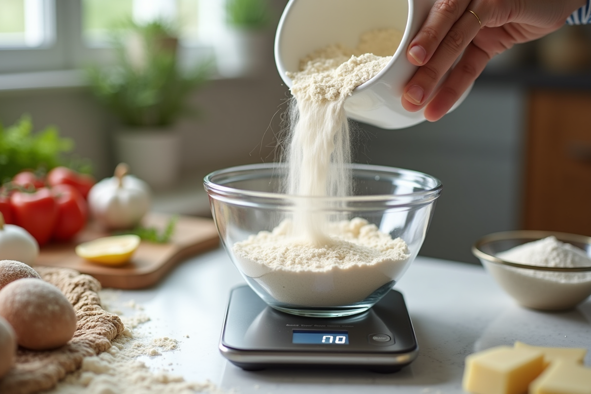Personne versant de la farine dans un bol sur balance de 400g