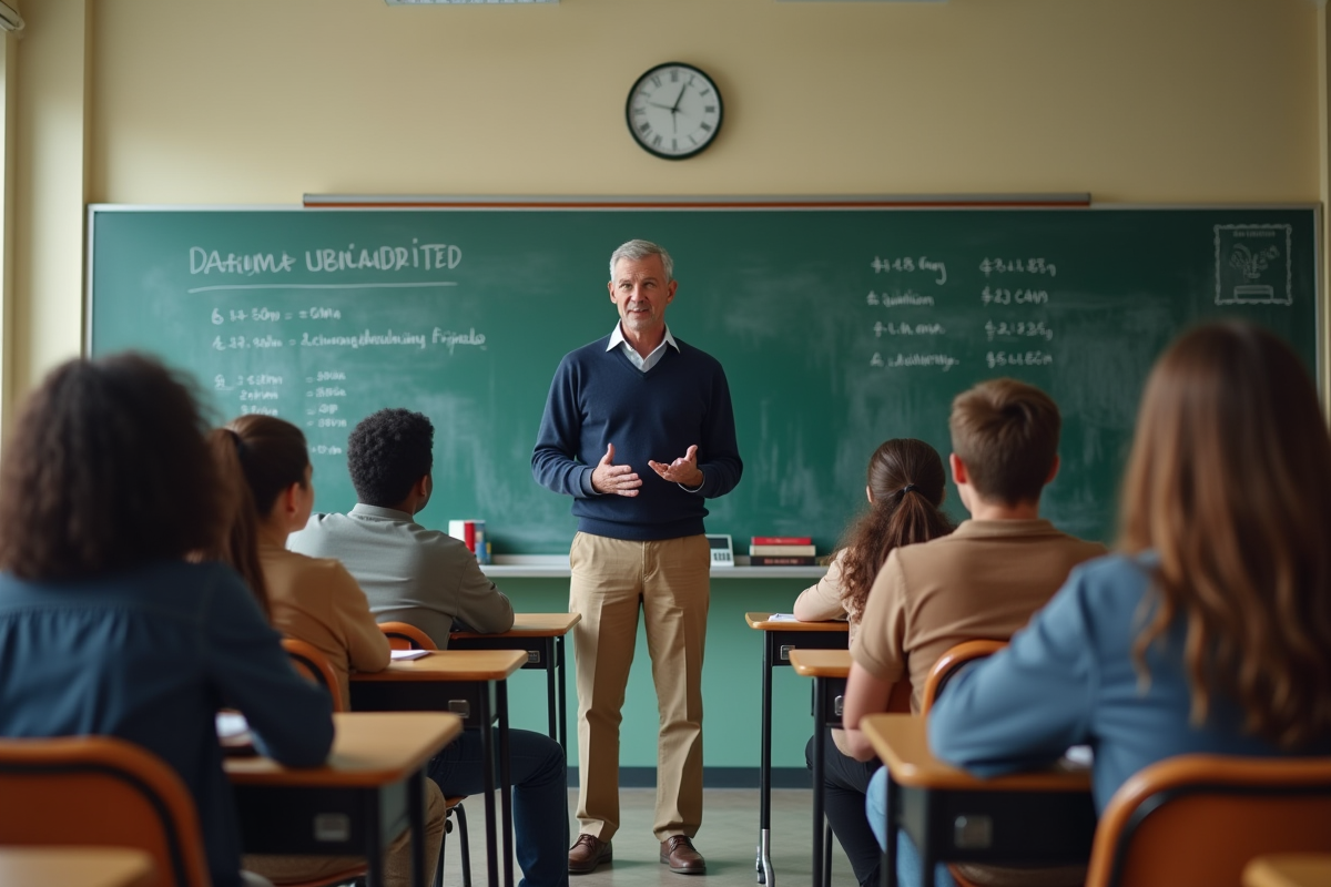 Professeur et élèves discutent de budget en classe