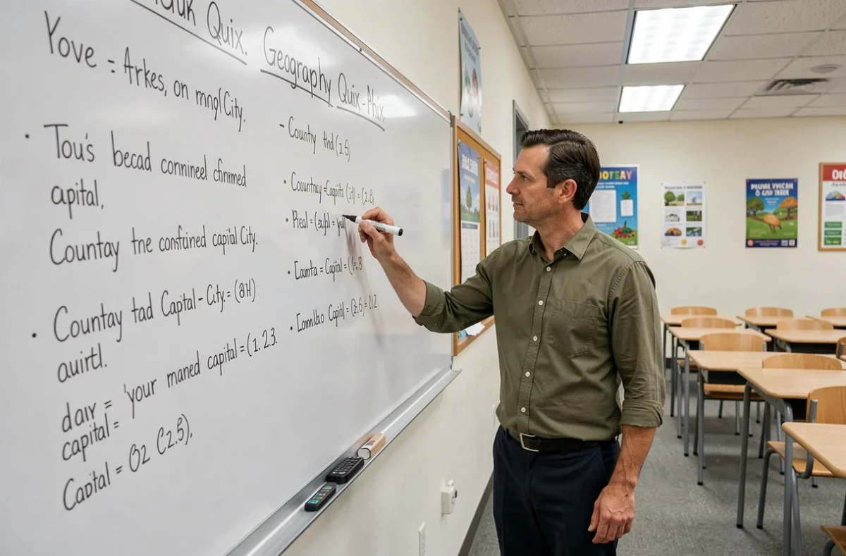 Professeur de géographie devant un tableau blanc avec des questions sur les capitales du monde en cours