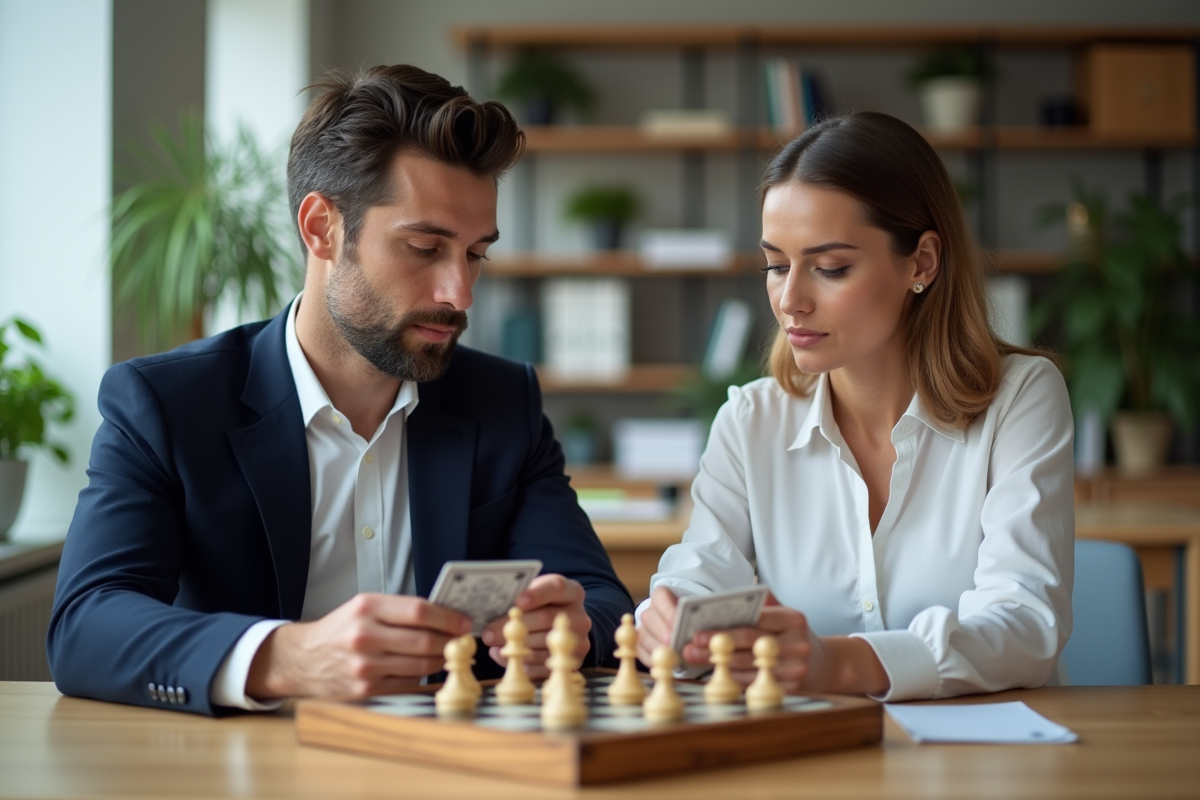 Deux professionnels jouent aux cartes devant un échiquier dans un bureau lumineux