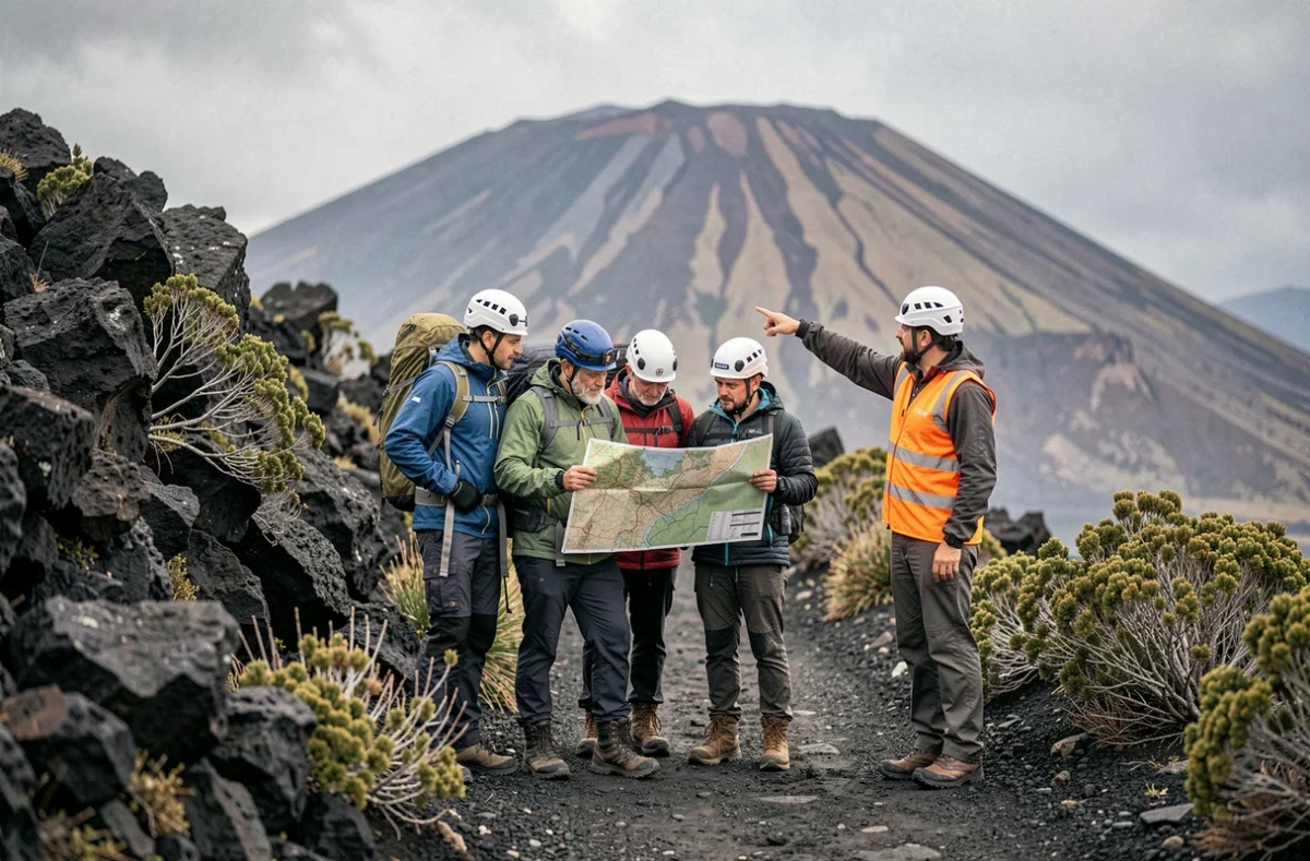 Groupe de randonneurs avec un guide sur les sentiers volcaniques de l'Etna lors d'une randonnée guidée encadrée après une éruption