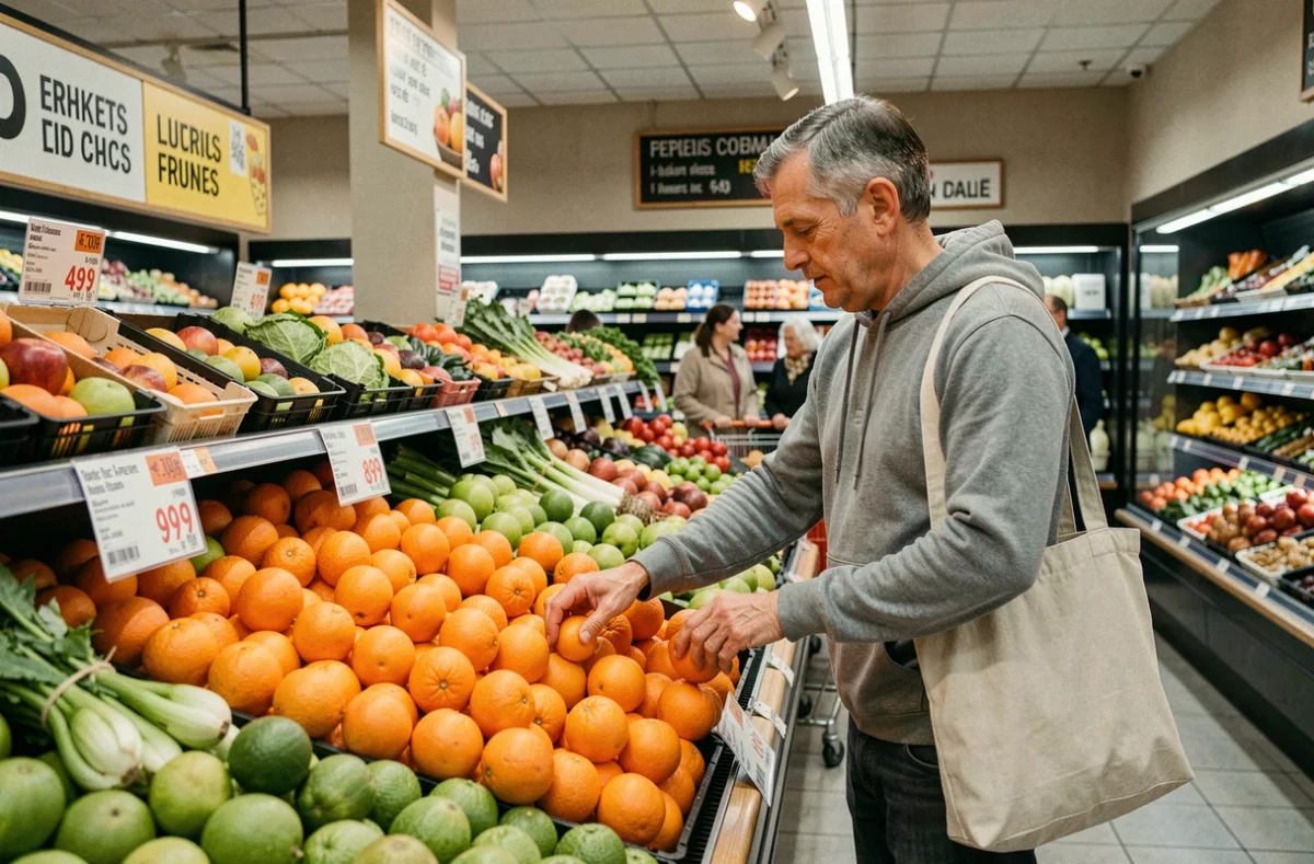 Homme choisissant des fruits frais au rayon fruits et légumes d'un supermarché discount à Paris 20e arrondissement