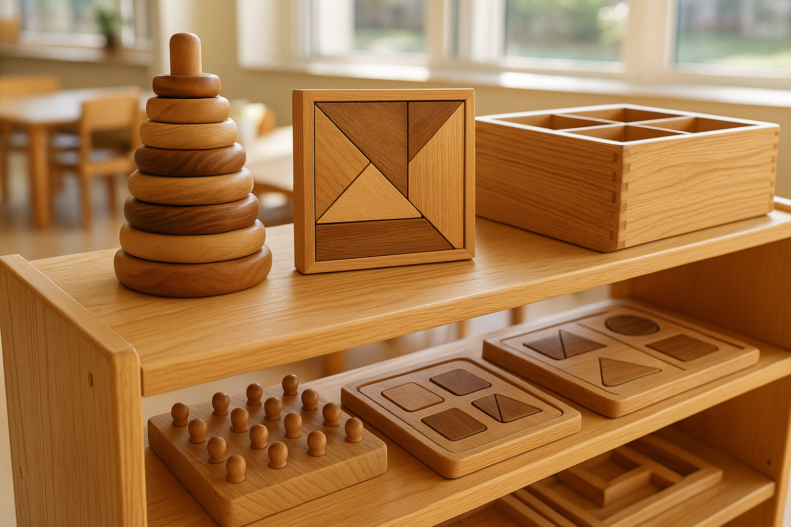 Rayon de jeux éducatifs en bois bien organisé dans une salle lumineuse