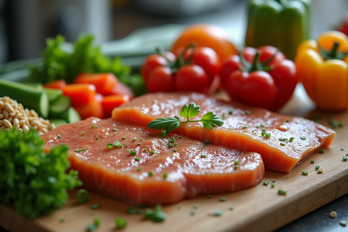 Repas sain avec protéines légumes et grains sur le plan de travail