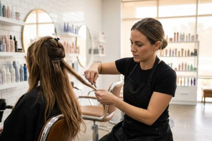 Coiffeuse professionnelle retirant des extensions de cheveux à ruban dans un salon moderne