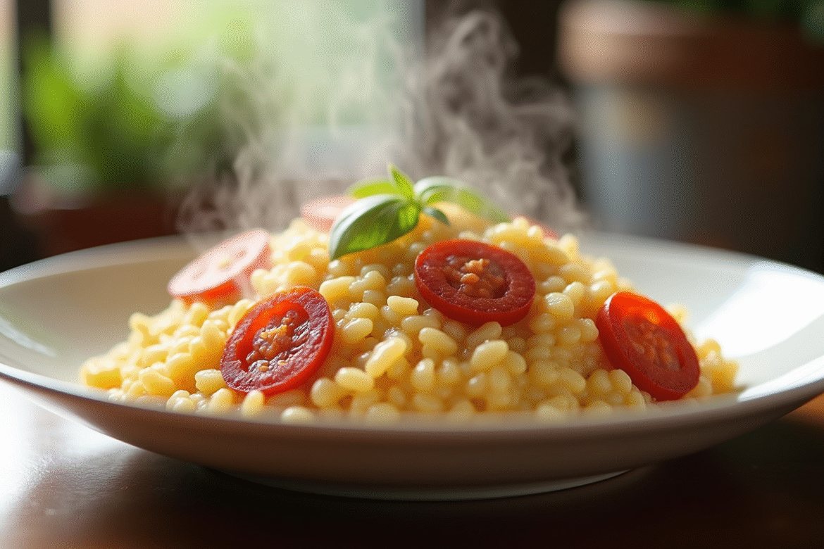 Assiette de risotto au chorizo en lumière naturelle