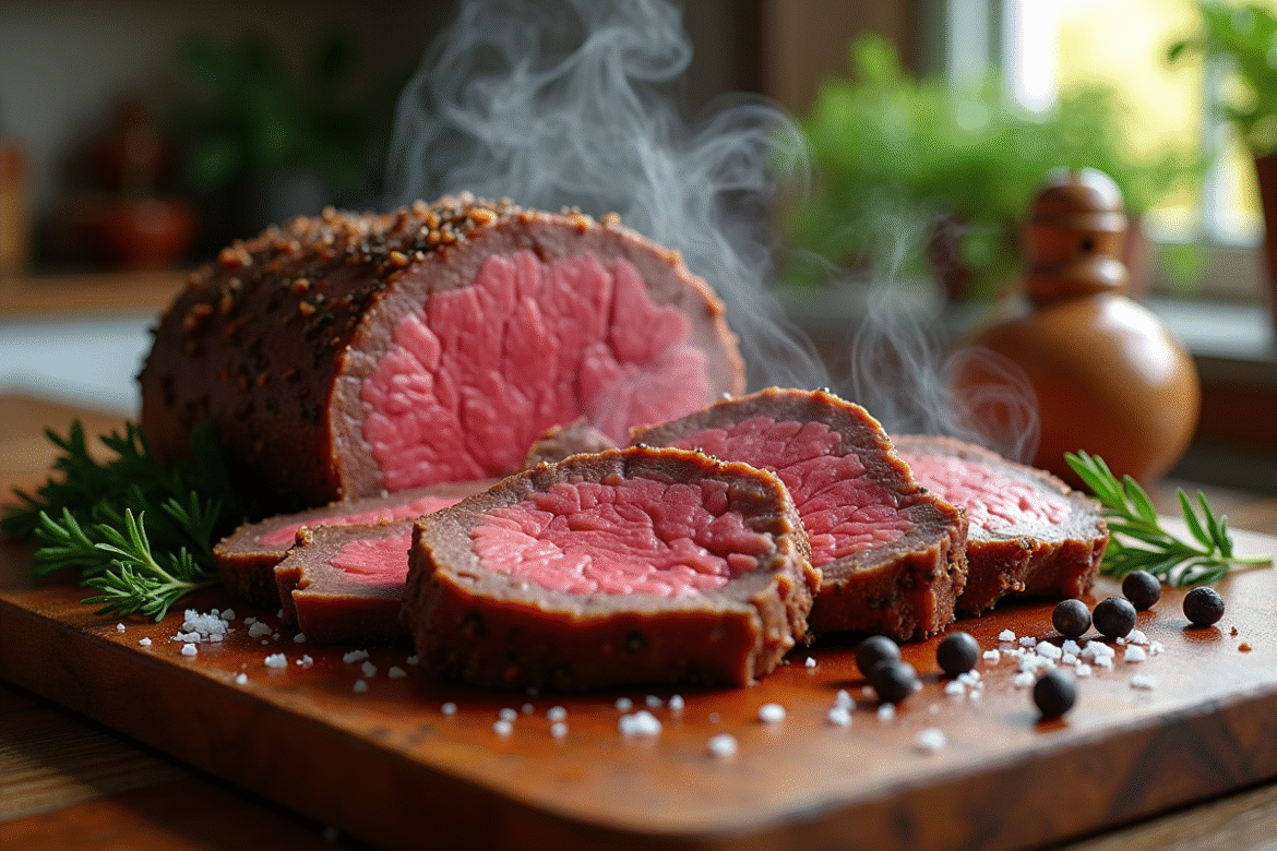 Rôti de bœuf parfaitement rosé tranché sur une planche en bois