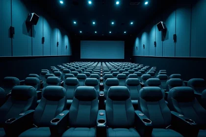 Salle de cinéma 4DX vide avec sièges motorisés et systèmes d'effets spéciaux visibles