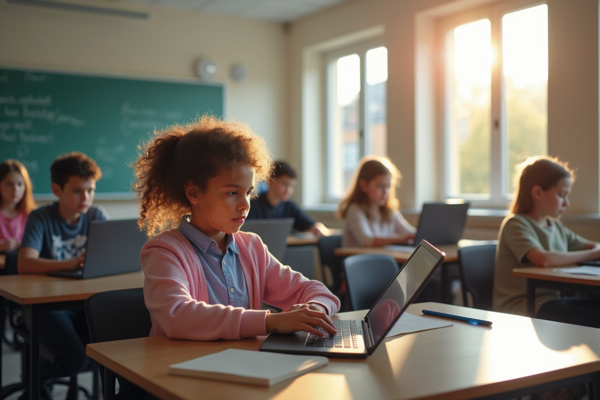Salle de classe lumineuse avec élèves utilisant des tablettes