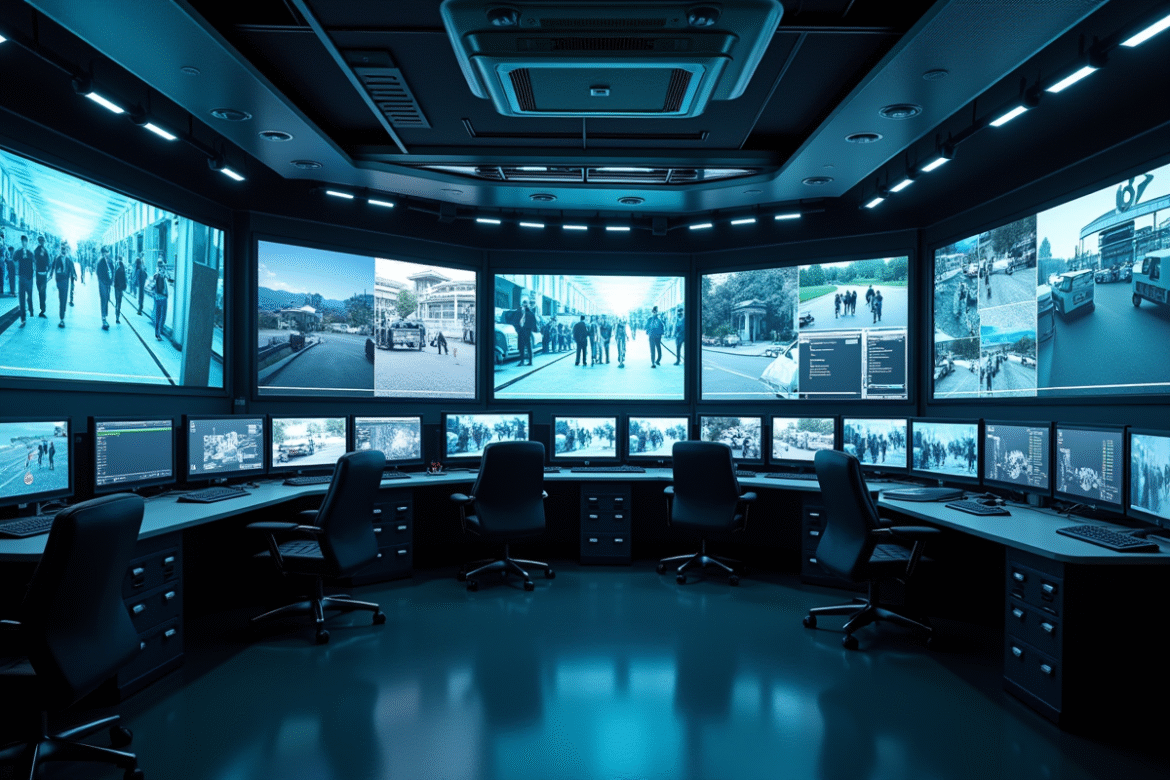 Salle de controle securite moderne avec ecrans