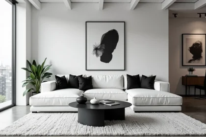 Salon moderne décoré en noir et blanc avec canapé en lin, coussins géométriques et œuvres d'art encadrées sur mur en brique blanche