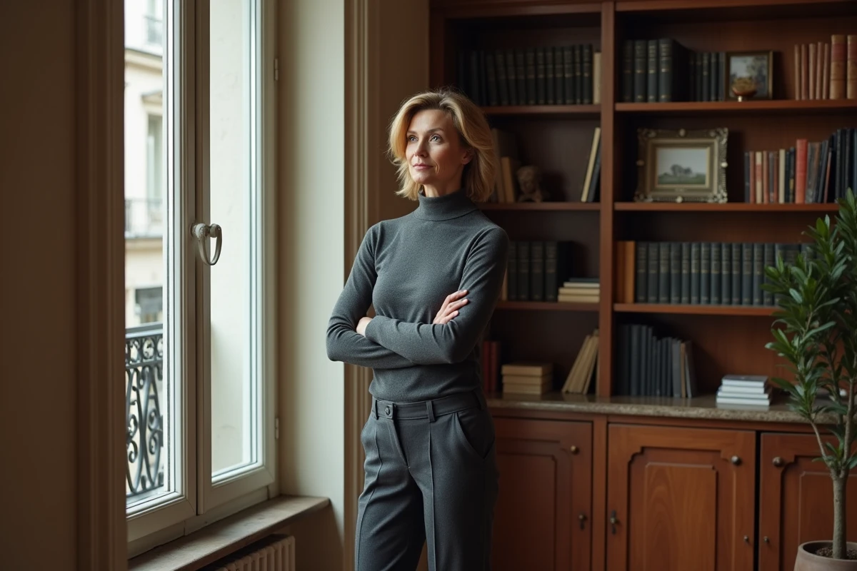 Femme sophistiquée dans un appartement haussmannien parisien, pose réfléchie près d'une fenêtre avec bibliothèque et parquet, portrait éditorial illustrant la discrétion et la vie privée