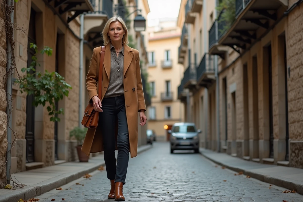 Femme distinguée marchant sur un pavé parisien en automne, manteau camel et cartable en cuir, photo candide illustrant la discrétion et la vie personnelle d'une personnalité publique