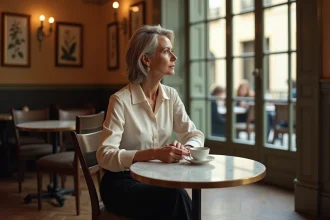 Femme élégante d'une quarantaine d'années dans un café parisien, tenant une tasse d'espresso, regard pensif et atmosphère intimiste évoquant les confidences rares d'une personnalité discrète