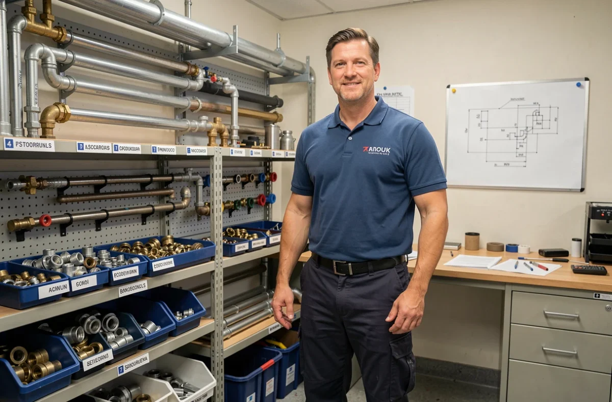 Gérant de Sébastien Le Mindu SARL dans l'atelier structuré de son entreprise de plomberie