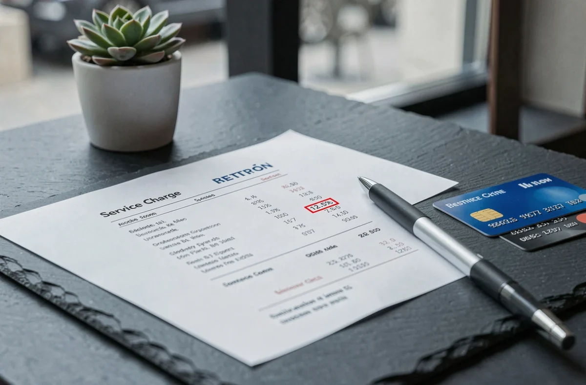 Gros plan sur une addition de restaurant mentionnant un service charge de 12,5 %, avec un stylo et une carte bancaire posés dessus