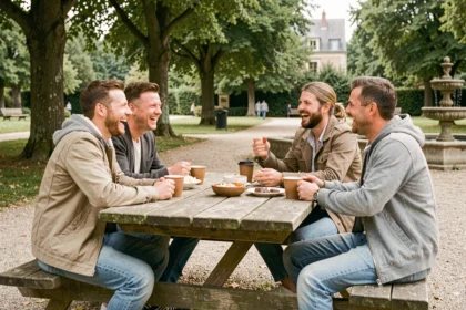 Groupe d'amis adultes réunis autour d'une table de pique-nique dans un parc de Cholet lors d'une sortie conviviale