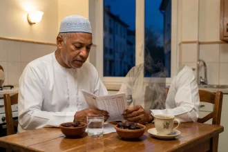 Homme préparant le suhoor du ramadan avec un calendrier des prières à Douai posé sur la table