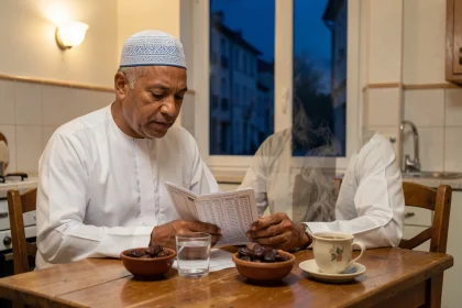 Homme préparant le suhoor du ramadan avec un calendrier des prières à Douai posé sur la table