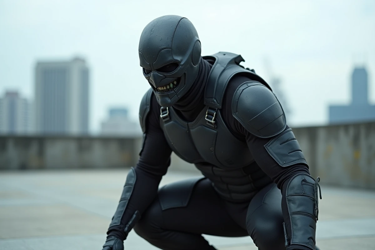 Cosplayeur en costume de super-vilain Marvel Comics sur un toit urbain, ennemi emblématique de Hawkeye Barton